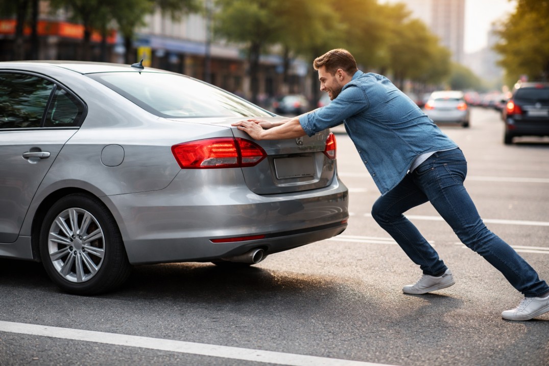 Personne qui pousse sa voiture
